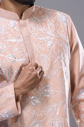 peach allover embroidered kurta patiala set for men