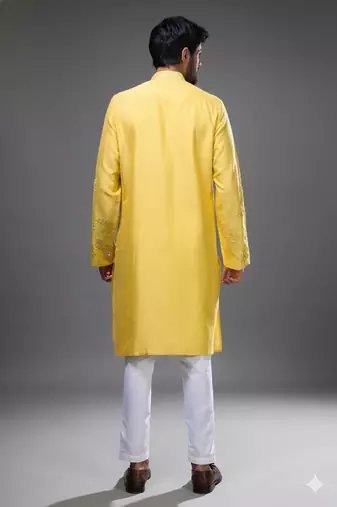 yellow mirror embroidered silk kurta pant set