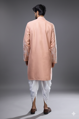 peach allover embroidered kurta patiala set for men 4