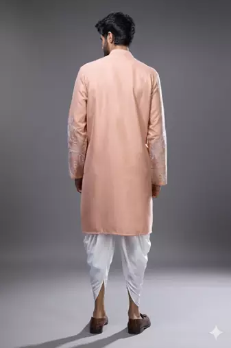 peach allover embroidered kurta patiala set for men