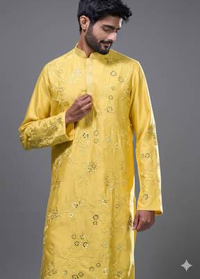 yellow mirror embroidered silk kurta pant set 3