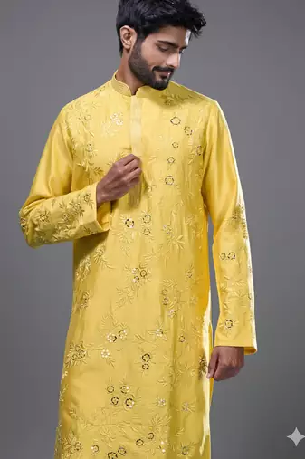 yellow mirror embroidered silk kurta pant set