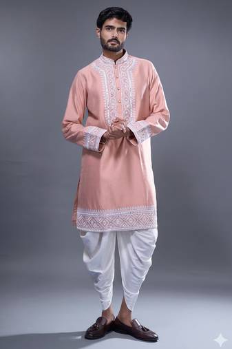 peach mirror embroidered kurta patiala set for men