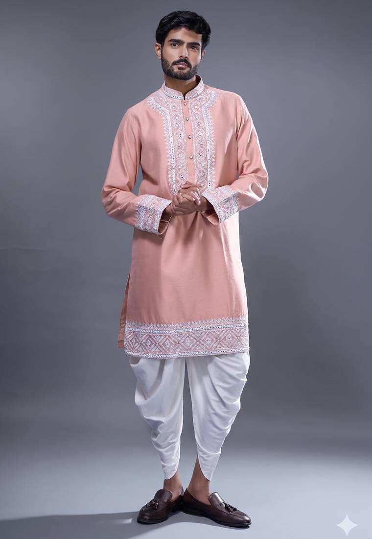 peach mirror embroidered kurta patiala set for men