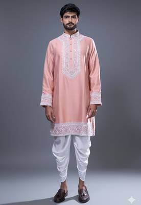 peach mirror embroidered kurta patiala set for men 2