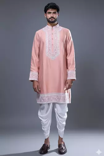 peach mirror embroidered kurta patiala set for men