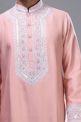 peach mirror embroidered kurta patiala set for men 3