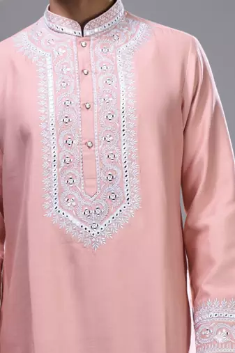 peach mirror embroidered kurta patiala set for men
