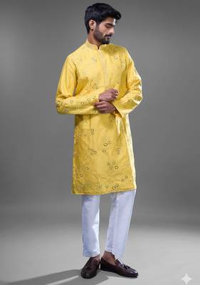 yellow mirror embroidered silk kurta pant set 4