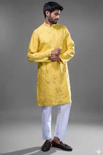 yellow mirror embroidered silk kurta pant set