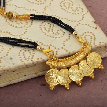 gold plated lakshmi coin mangalsutra with black beads 2