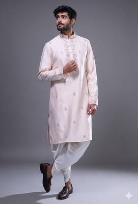 light pink mirror work kurta patiala set for men 1
