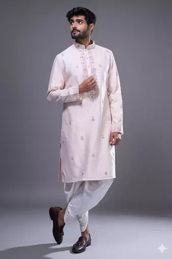light pink mirror work kurta patiala set for men