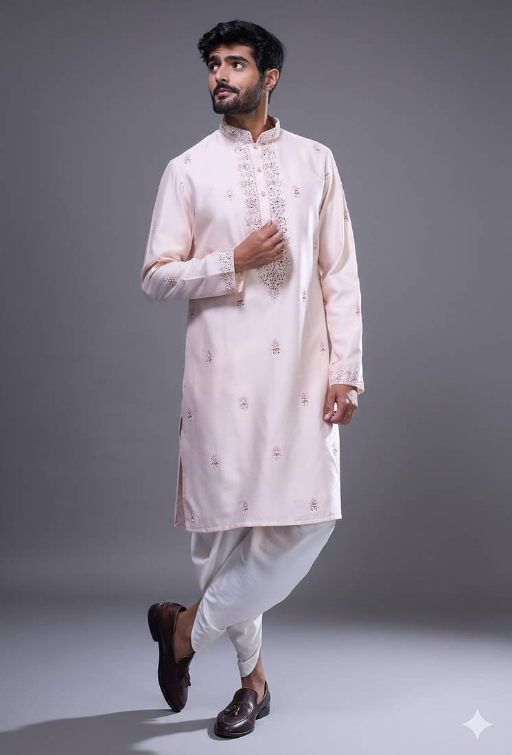 light pink mirror work kurta patiala set for men