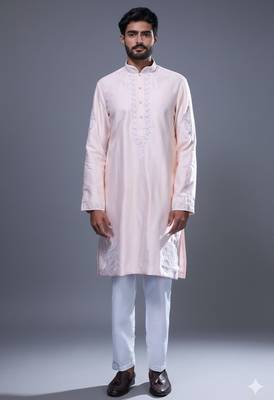 light pink embroidered silk kurta pant set for men 1