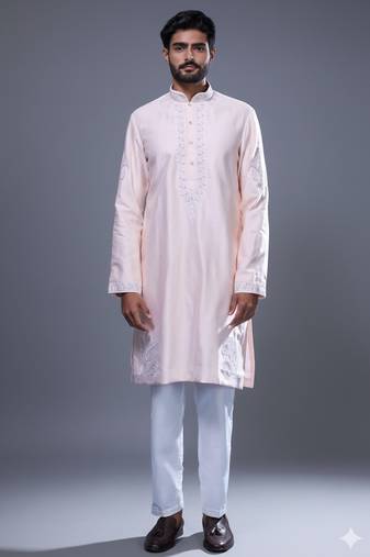 light pink embroidered silk kurta pant set for men
