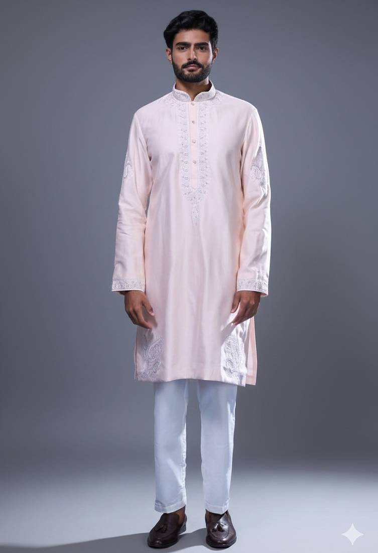 light pink embroidered silk kurta pant set for men