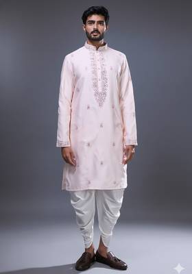 light pink mirror work kurta patiala set for men 3