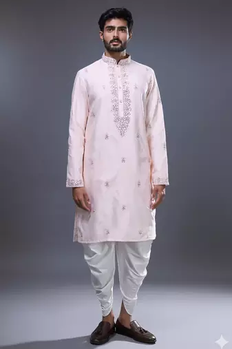 light pink mirror work kurta patiala set for men