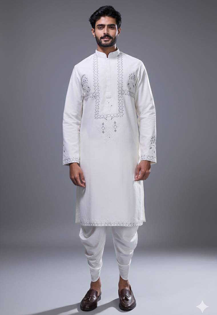 off white threadwork kurta patiala set for men