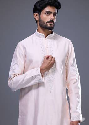 light pink embroidered silk kurta pant set for men 2