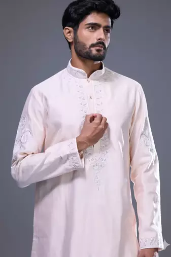 light pink embroidered silk kurta pant set for men
