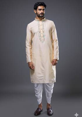 cream embroidered silk kurta patiala set for men 1