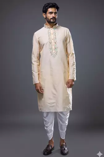 cream embroidered silk kurta patiala set for men