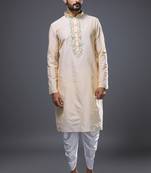 cream embroidered silk kurta patiala set for men