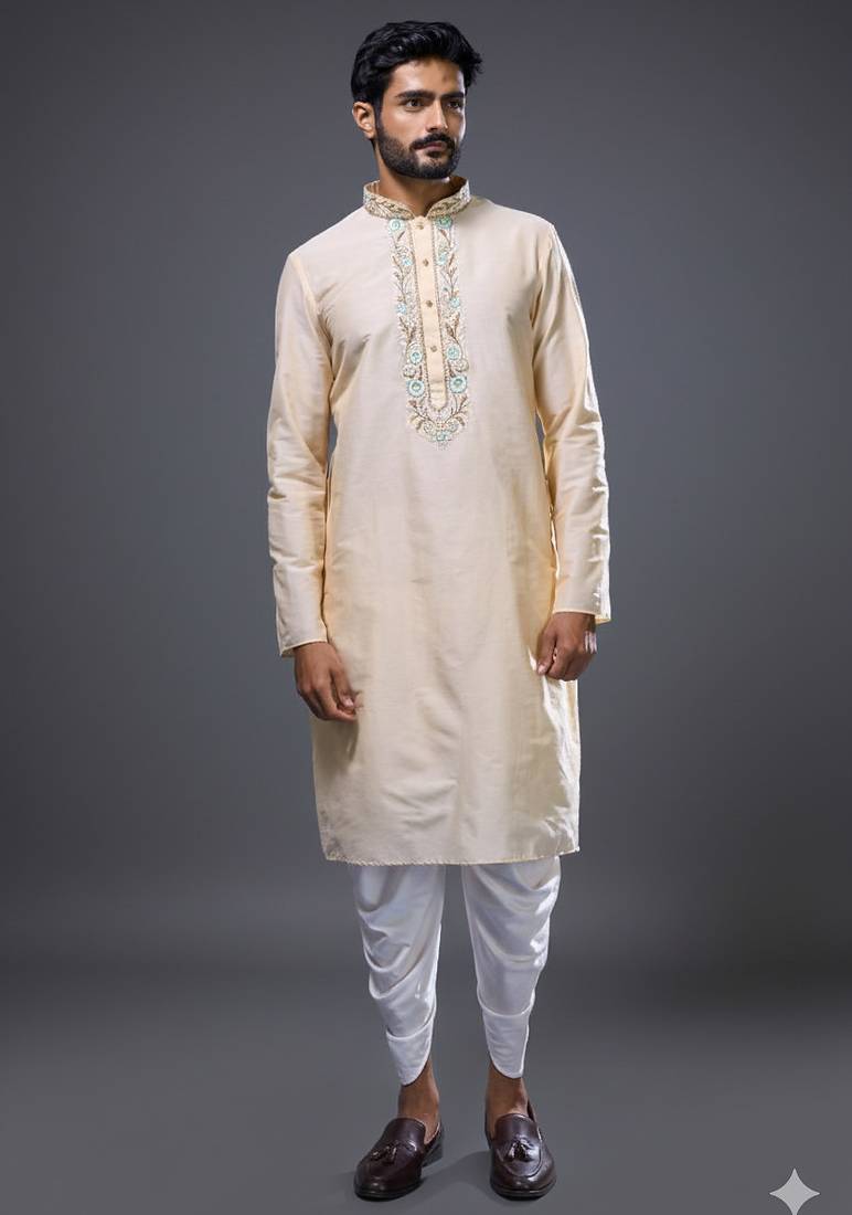 cream embroidered silk kurta patiala set for men