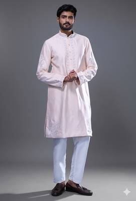 light pink embroidered silk kurta pant set for men 3