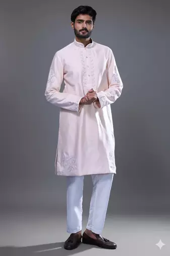 light pink embroidered silk kurta pant set for men