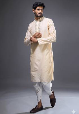 cream embroidered silk kurta patiala set for men 2
