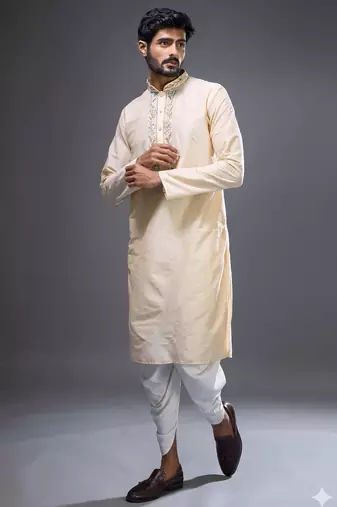 cream embroidered silk kurta patiala set for men