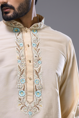 cream embroidered silk kurta patiala set for men 3