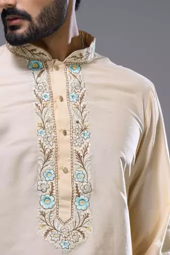 cream embroidered silk kurta patiala set for men