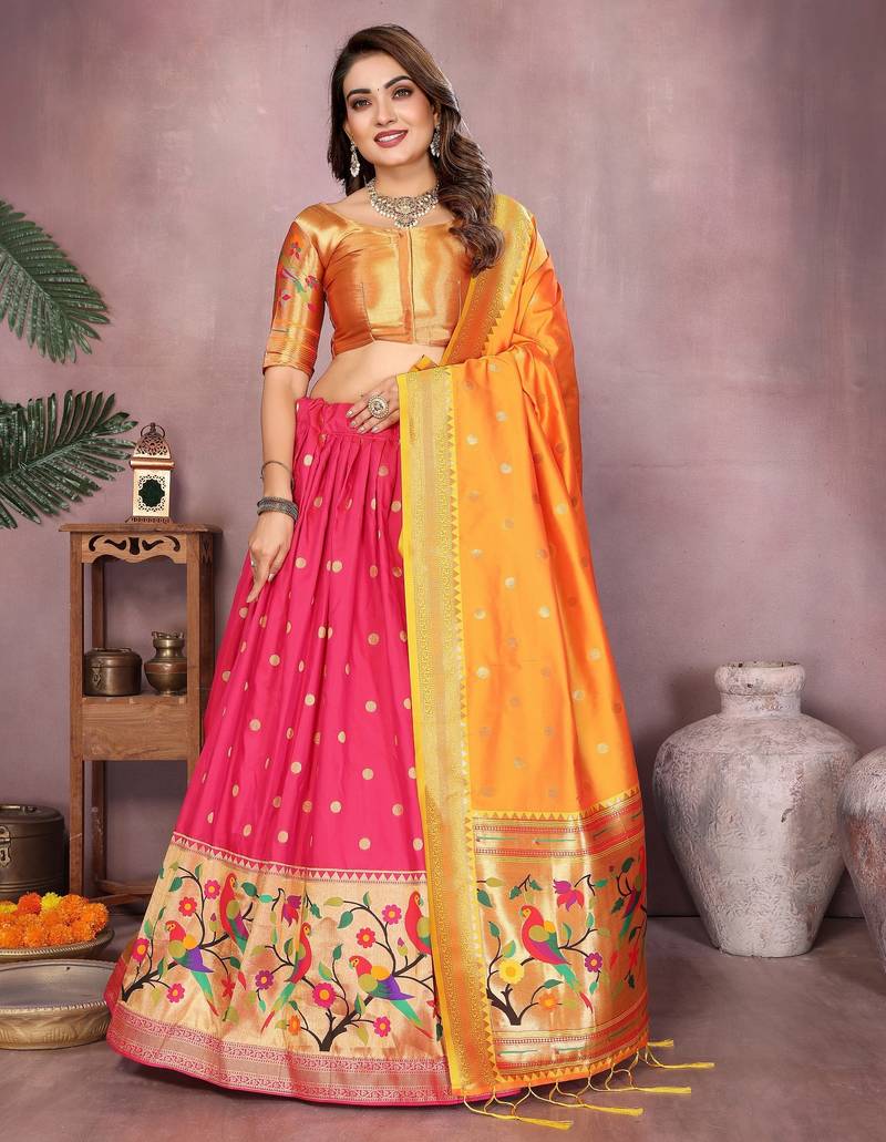 Women's Jacquard Paithani Silk Zari Weaving Stitched Lehenga With Unstitched Blouse and Dupatta