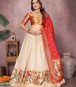 Women's Jacquard Paithani Silk Zari Weaving Stitched Lehenga With Unstitched Blouse and Dupatta