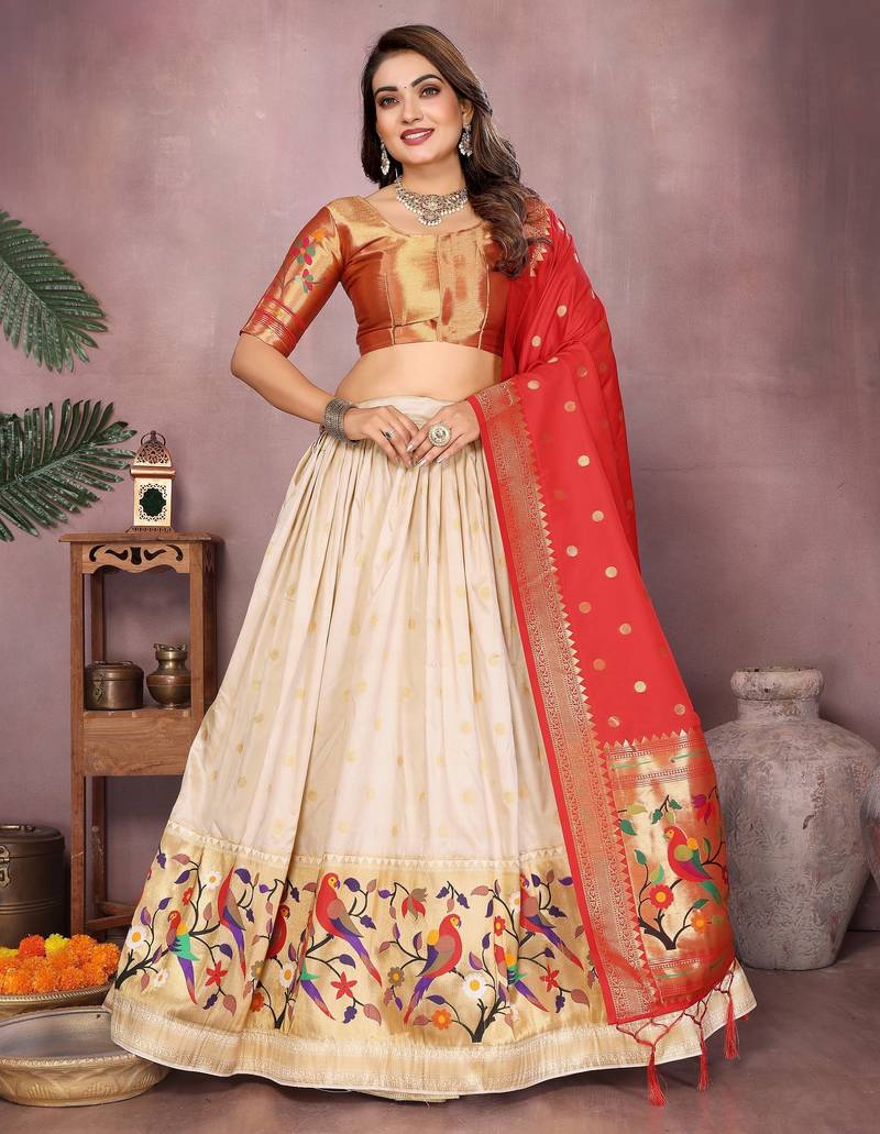 Women's Jacquard Paithani Silk Zari Weaving Stitched Lehenga With Unstitched Blouse and Dupatta