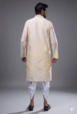 cream embroidered silk kurta patiala set for men 4