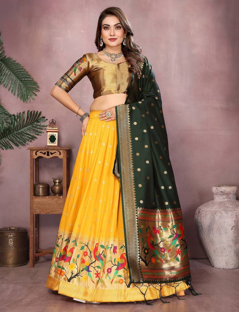 Women's Jacquard Paithani Silk Zari Weaving Stitched Lehenga With Unstitched Blouse and Dupatta