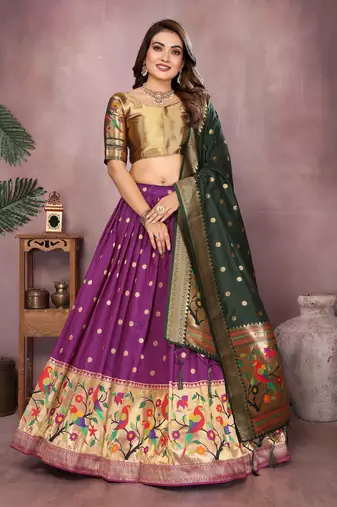 Women's Jacquard Paithani Silk Zari Weaving Stitched Lehenga With Unstitched Blouse and Dupatta