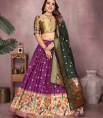 Women's Jacquard Paithani Silk Zari Weaving Stitched Lehenga With Unstitched Blouse and Dupatta