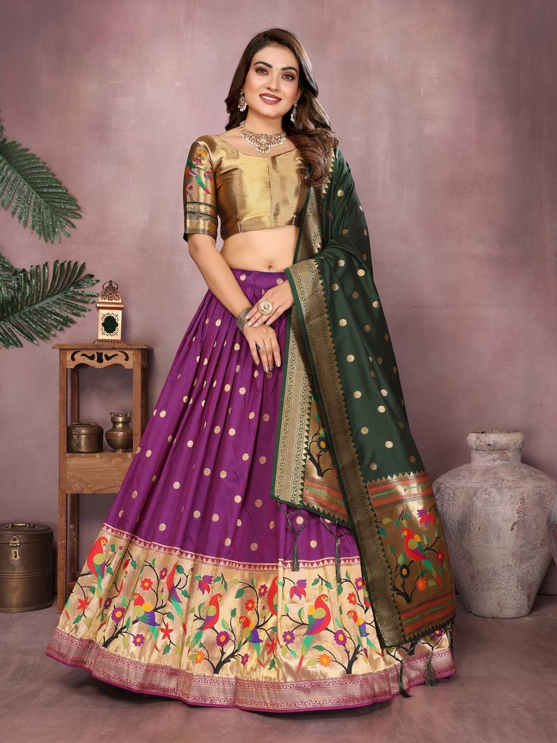 Women's Jacquard Paithani Silk Zari Weaving Stitched Lehenga With Unstitched Blouse and Dupatta