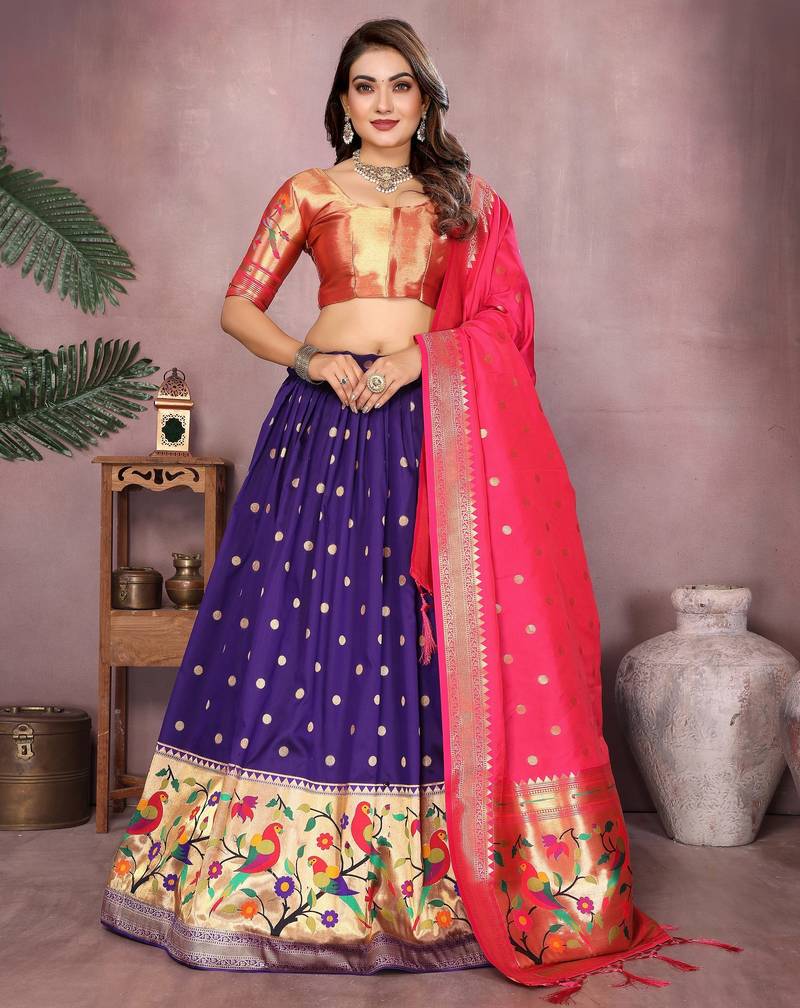 Women's Jacquard Paithani Silk Zari Weaving Stitched Lehenga With Unstitched Blouse and Dupatta