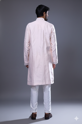 light pink embroidered silk kurta pant set for men 4