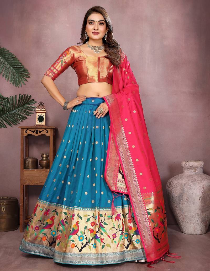 Women's Jacquard Paithani Silk Zari Weaving Stitched Lehenga With Unstitched Blouse and Dupatta