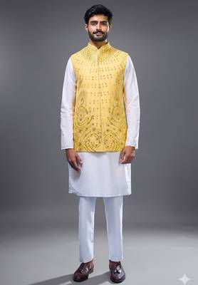 yellow mirror embroidered kurta jacket set for men 1