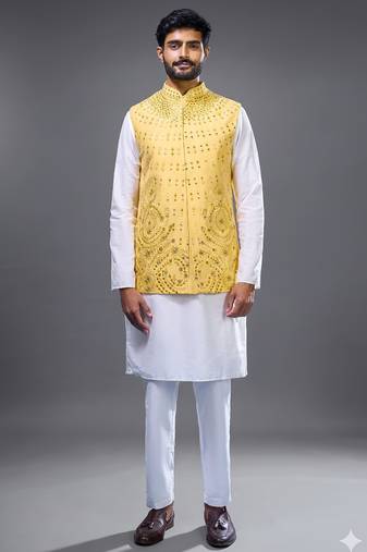 yellow mirror embroidered kurta jacket set for men