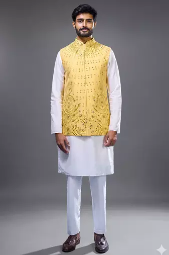 yellow mirror embroidered kurta jacket set for men